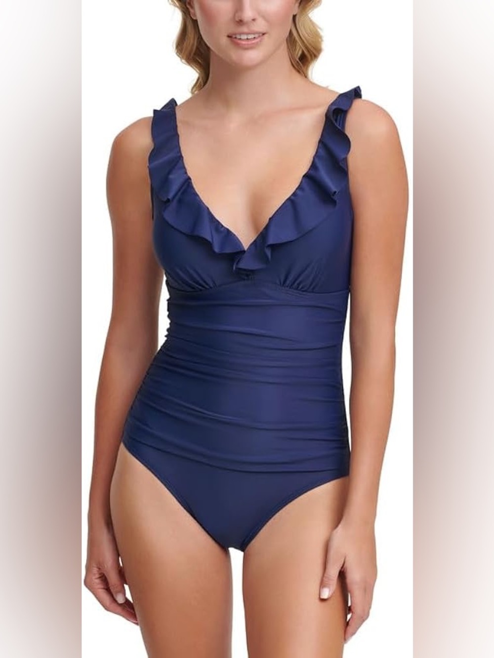 DKNY Women's Ruffle Plunge Underwire Tummy Control One-Piece Swimsuit Royal Blue